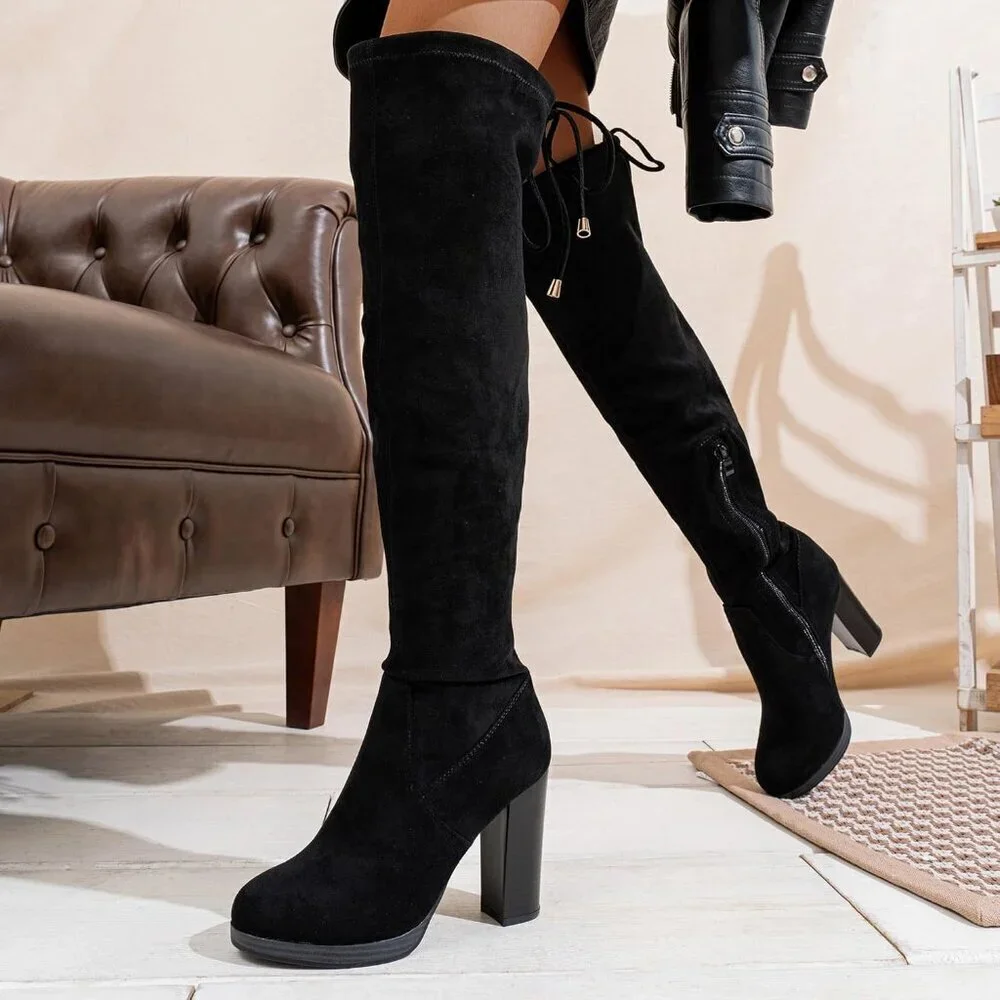 Women's Black-imitation Grain Suede Thigh High Over The Knee Rounded Toe Boot